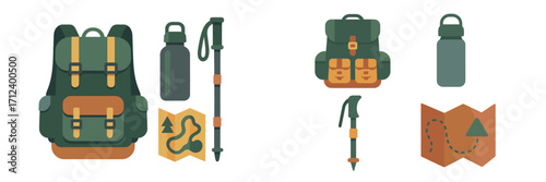 Hiking gear setup featuring a backpack, water bottle, trekking pole, and maps for outdoor adventures in nature