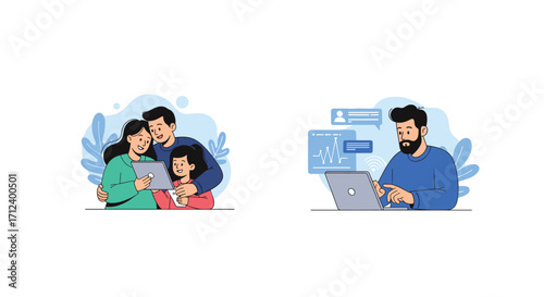 Digital connection family and professional collaboration via technology.