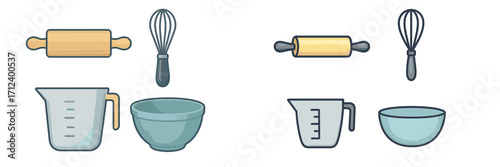 Mixing tools and kitchen utensils are neatly arranged for baking activities and cooking preparations