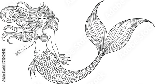Elegant mermaid princess line art, fantasy ocean illustration, underwater mythical sea creature drawing, decorative marine artwork, fairy tale coloring design