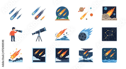 Meteor shower illustrations depicting celestial events and astronomical phenomena.