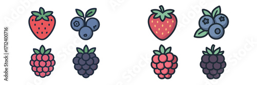 Colorful collection of illustrated berries featuring strawberries, blueberries, raspberries, and blackberries arranged in neat rows