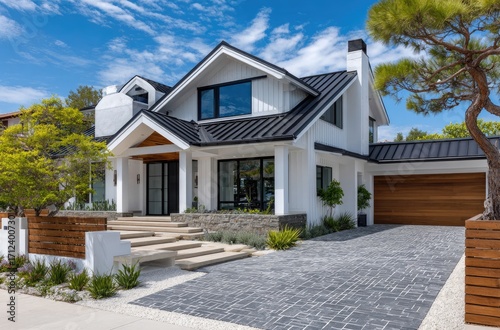 modern home in san diego. the home has white walls and a blue roof, with black accents