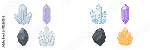 Various colorful crystal formations with distinct shapes and sizes arranged in pairs against a simple background