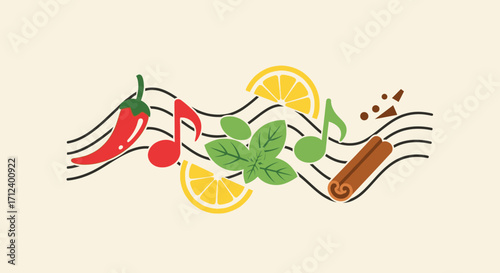 Wallpaper Mural Musical Food Composition with Chili Pepper, Lemon, Basil, Cinnamon. Torontodigital.ca