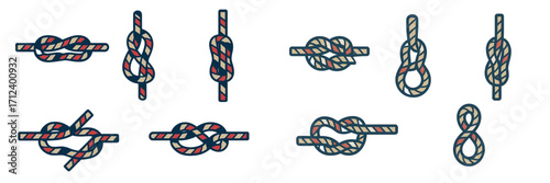 Collection of different types of knots for various uses and applications in rope work and maritime activities