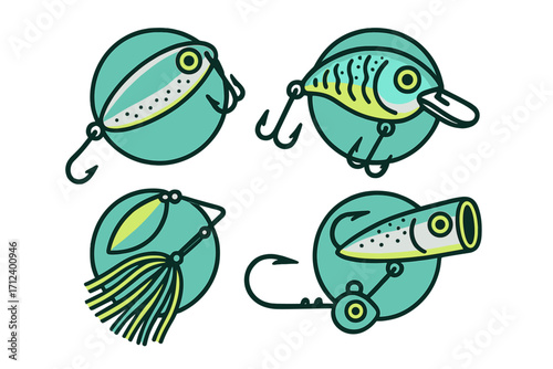 Various fishing lures and tackle displayed in an organized layout for outdoor enthusiasts