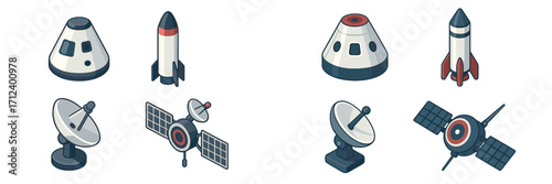 Various space technology designs including rockets, satellites, and spacecraft models in a modern style