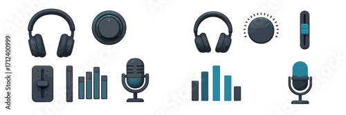 Various audio equipment icons arranged in a clean layout showcasing headphones, microphone, and sound controls in a modern design
