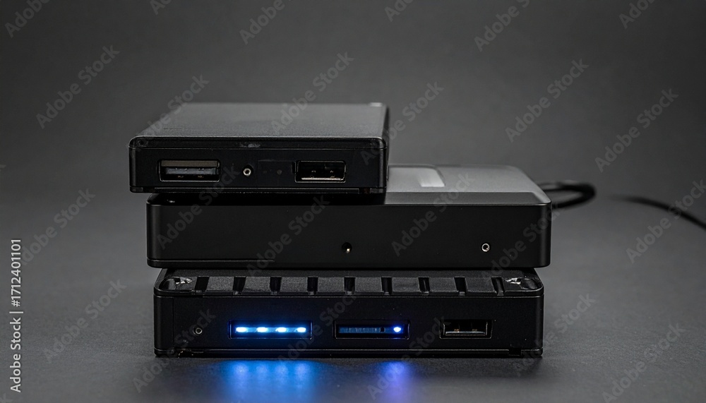 Obraz premium A sleek black device—three glowing USB ports, blue LED lit—rests on reflective surface. A metaphor for silent connectivity and the choreography of digital readiness.