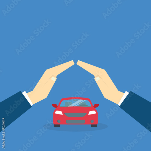 Car with a protective hands. For security concepts, protection of private property. Insurance, mortgage, credit.	