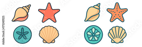Assortment of conch, starfish, sand dollar, and scallop shells in a vibrant marine collection for summer and beach themes