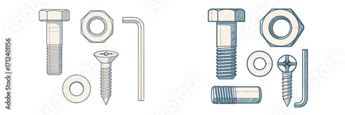 Different types of screws, bolts, and nuts arranged on a plain background for clear identification and study