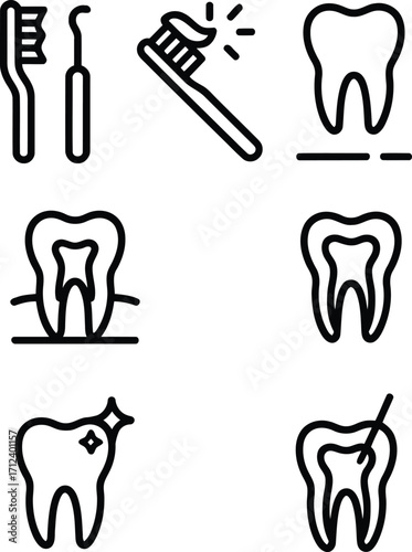 Dental Health Icon Set Featuring Toothbrush, Toothpick, and Sparkling Clean Tooth, Symbolizing Oral Hygiene and Professional Dental Care Practices for Healthy Smiles