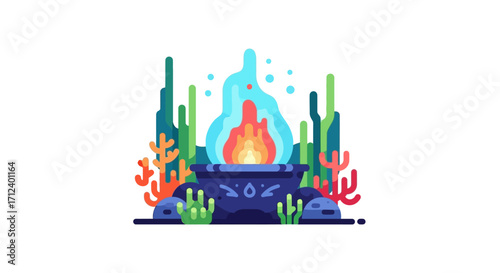 Mystical Cauldron with Glowing Fire and Underwater Plants.