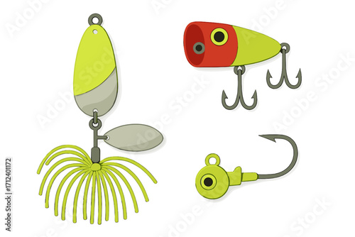 Colorful fishing lures and hooks displayed on a white background for fishing enthusiasts