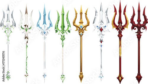 Fantasy trident weapon collection, mythical spear illustration, ancient magical polearm, medieval decorative weapon set, legendary ocean god Neptune Poseidon weapon design