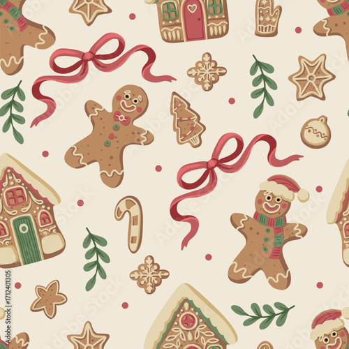 Christmas gingerbread gingerman bow seamless pattern with cookies stars hearts mittens holiday decoration