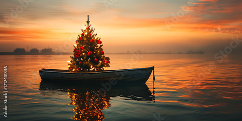 Festive Christmas tree floats on water at sunset
