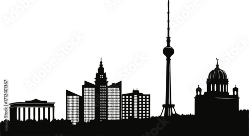 High resolution black and white city skyline silhouette design for graphic projects