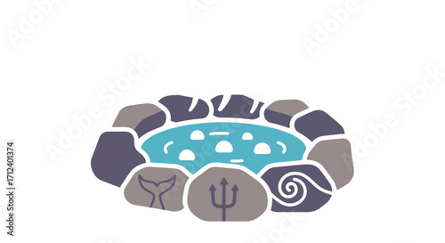 Mystical hot spring surrounded by ancient stones with symbols.