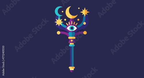 Mystical magical staff with eye moon and stars symbols.