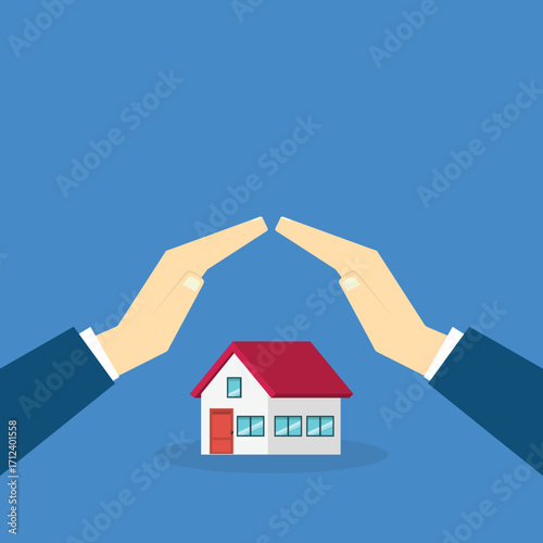House with a protective hands. For security concepts, protection of private property. Insurance, mortgage, credit.	