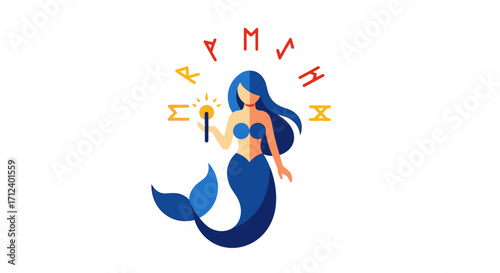 Mystical Mermaid with Magic Wand and Astrological Symbols.
