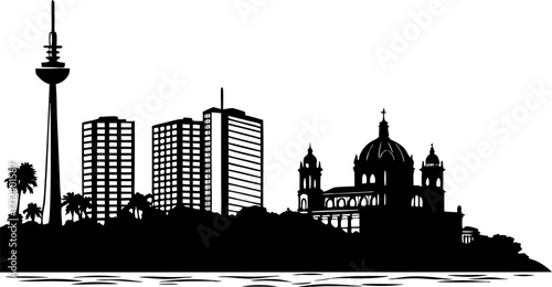 High resolution black and white city skyline silhouette with architectural detail and urban landscape elements