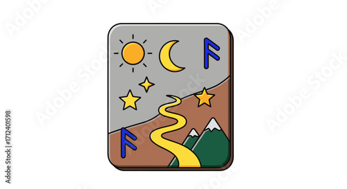 Mystical Runic Landscape Art with Sun Moon and Path.