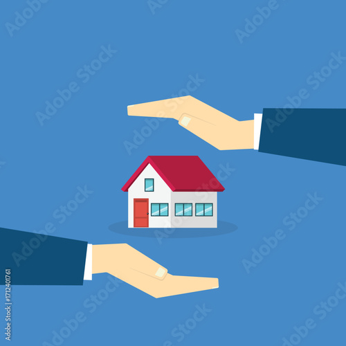 House with a protective hands. For security concepts, protection of private property. Insurance, mortgage, credit.	