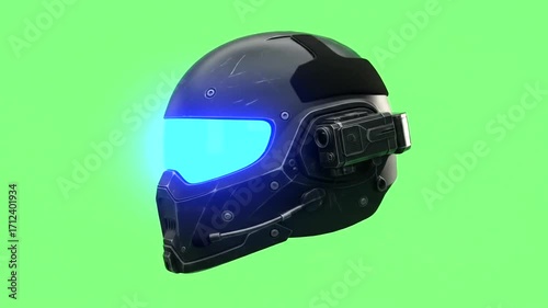 Futuristic, dark gray helmet with glowing blue visor features advanced technology.
