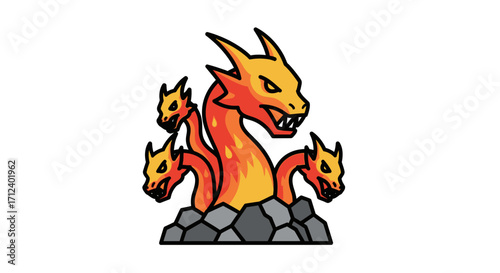 Mythical Hydra Creature with Multiple Heads Emerging from Rocks.