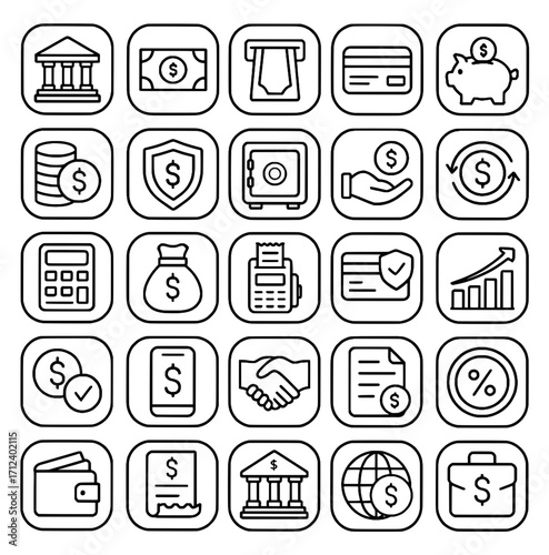 Icon pack, icon sheet, banking theme, outline version, vector SVG, transparent background PNG
