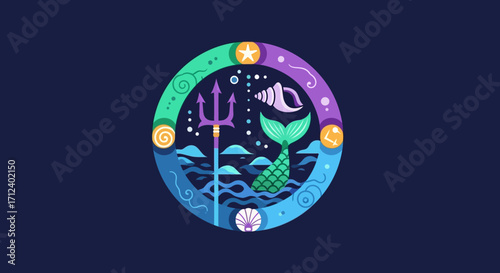 Mythological Sea Emblem with Trident Mermaid Tail and Shells.