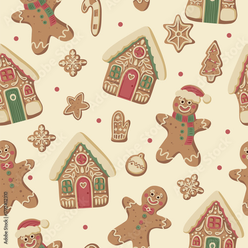 Christmas gingerbread gingerman seamless pattern with houses cookies snowflakes mittens stars festive holiday