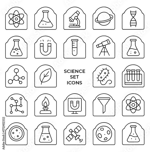 Icon pack, icon sheet, science theme, outline version, vector SVG, transparent background PNG