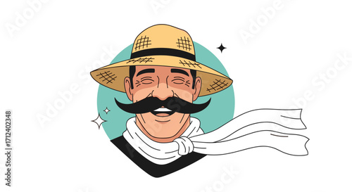 A cheerful man with a mustache and a hat wearing a scarf. .