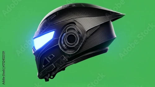 Close-up of a futuristic, black helmet with glowing blue accents against a solid green background.
