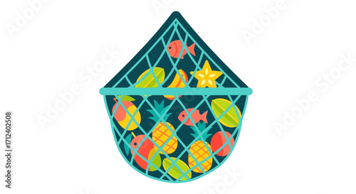 Net full of tropical fruits and fish.