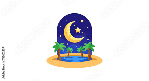 Nighttime Oasis - Crescent Moon, Star, and Palm Trees.