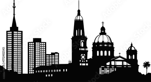 A detailed black and white silhouette of a modern city skyline at dusk with prominent architectural features
