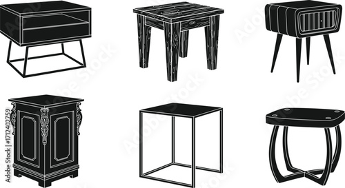 Modern side table silhouettes, vintage nightstand collection, wooden stools, retro furniture design, decorative small tables, black vector furniture icons set