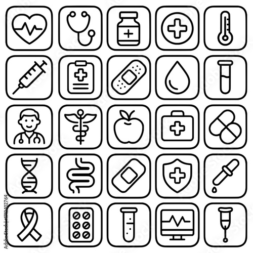 Icon pack, icon sheet, medical theme, outline version, vector SVG, transparent background PNG