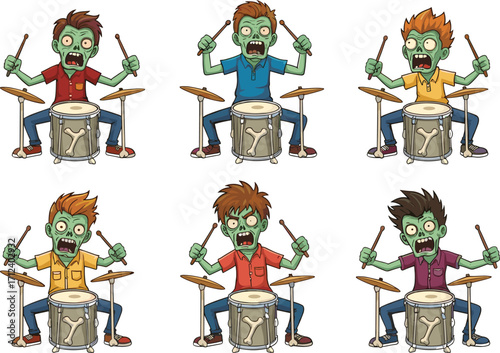 Cartoon zombie drummers with green skin playing skull-themed drum kits in colorful shirts, humorous undead music band vector illustration set