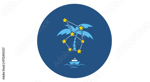 Palm Tree Constellation Above Boat Under Starry Night Sky.