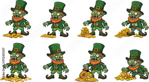 Cartoon zombie leprechauns with gold coins in funny poses, humorous horror vector set for St. Patrick’s Day and folklore themes