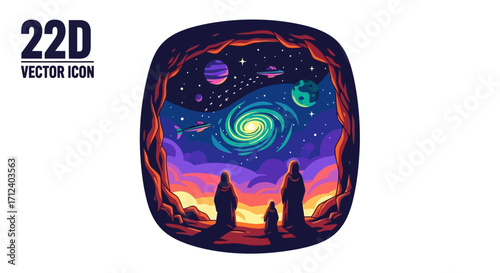 People gazing at a vibrant cosmic scene with a swirling galaxy.