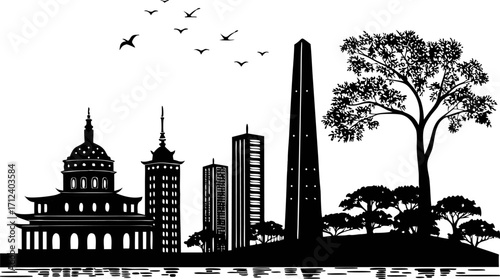 High resolution black and white city skyline silhouette design featuring modern architecture and urban landscape elements