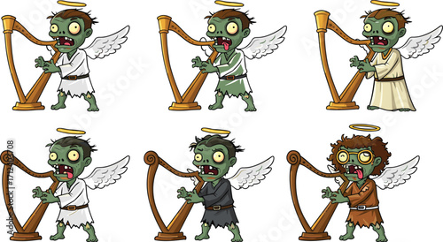 Cartoon zombie angels playing harps in funny poses, humorous horror vector set for Halloween, heaven, music, and fantasy themes